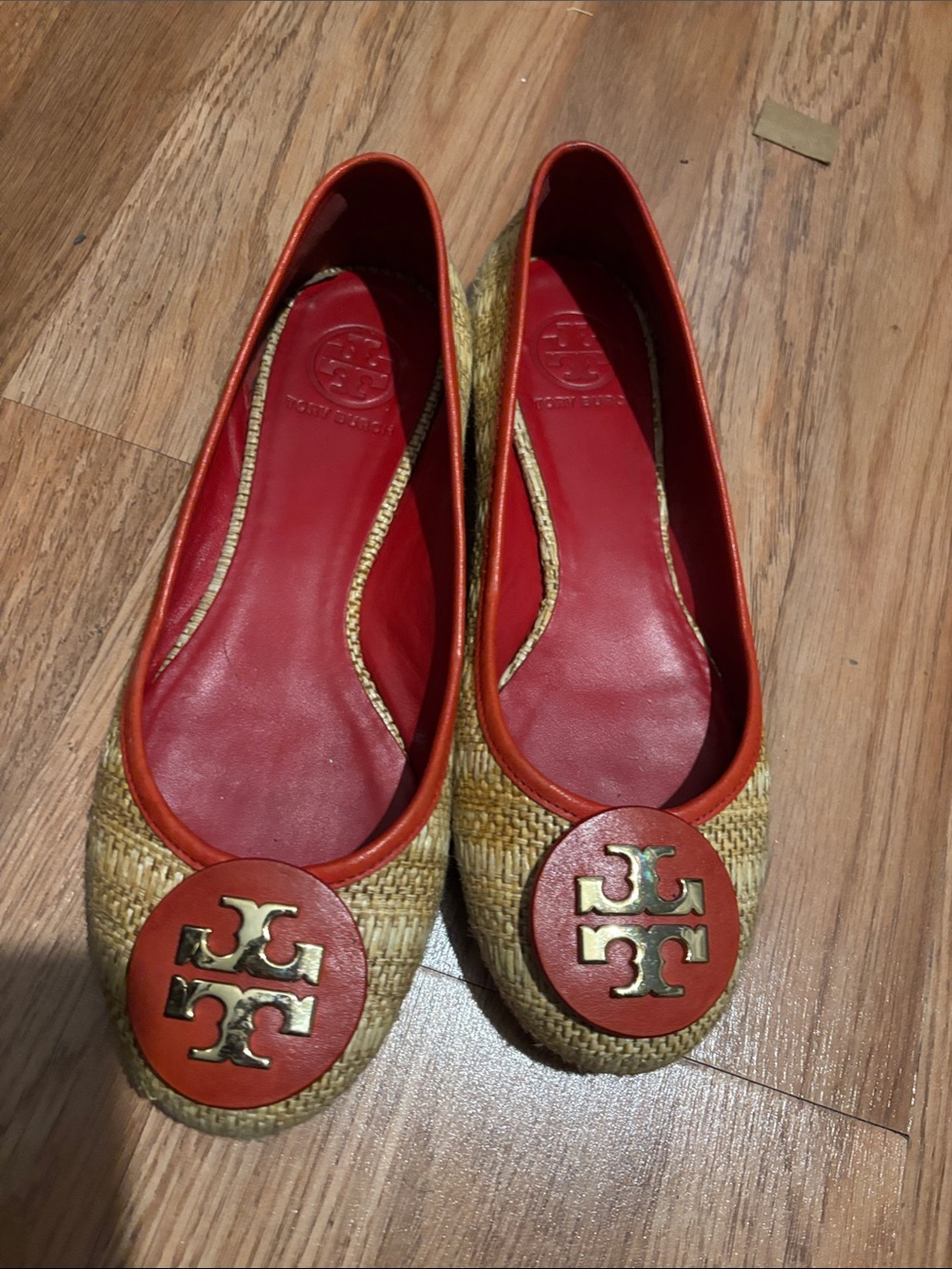 Tory Burch Raffia Ballet Flats with Red Trim and Gold Logo